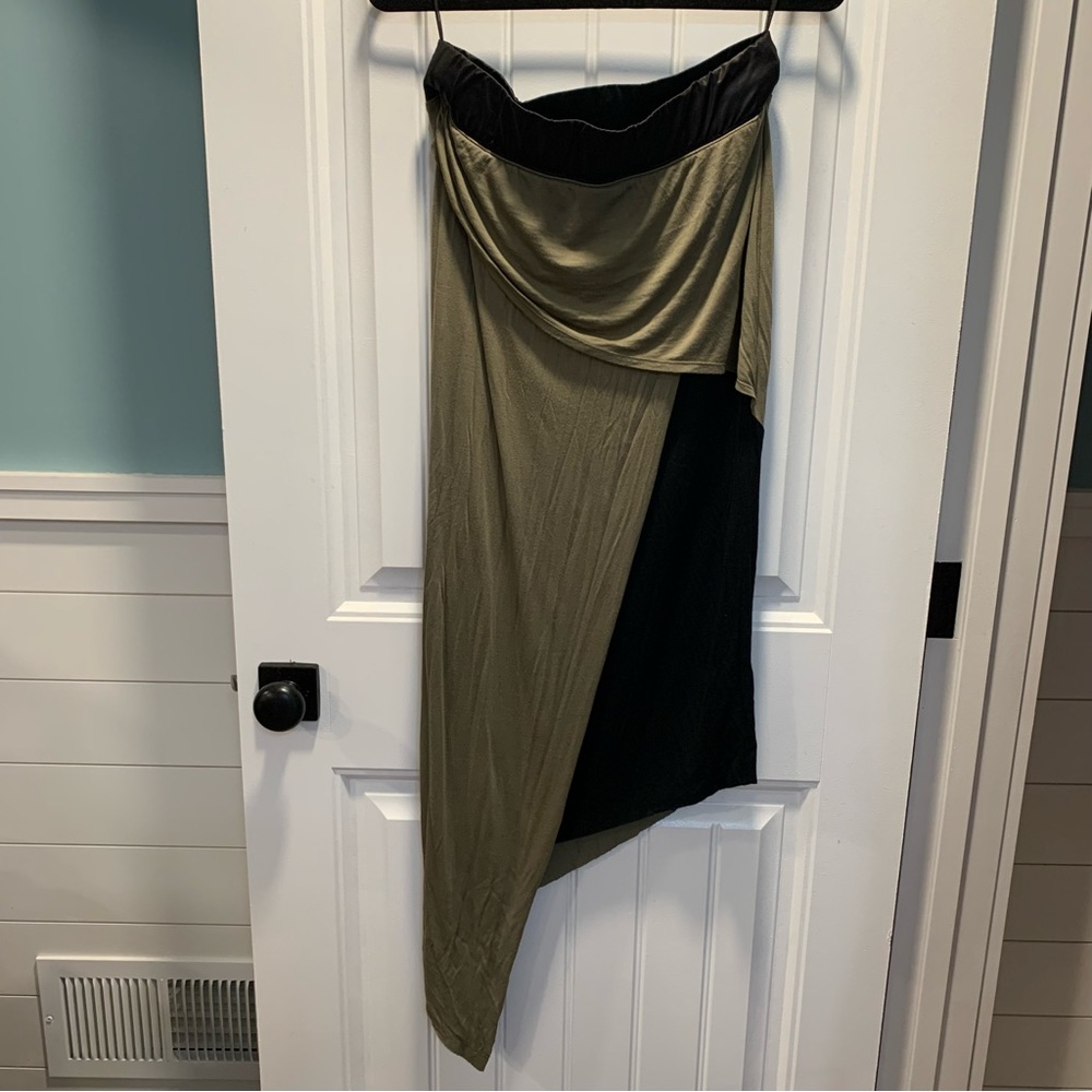Venus. Medium. Army green and black with faux leather waste. Asymmetrical skirt.